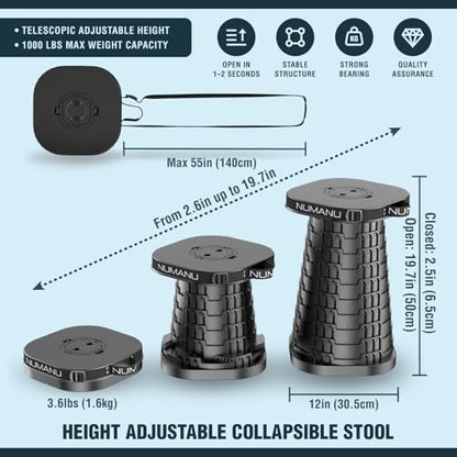 NUMANU 2026 Upgraded XXL Collapsible Stool & 3IN1 Cushioned Carry Bag, 2.6"-19.7" Height Adjustable, Max 1,000lbs Portable Retractable Telescoping Seat, Foldable Camping Stool for Adults (XXL Square) - size: XXL Square (Stool & 3IN1 Carry Bag)