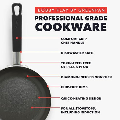 GreenPan x Bobby Flay 13 Piece Nonstick Cookware Pots and Pans Set, PFAS-Free Diamond Ceramic, Induction Suitable, Easy Clean Dishwasher & Oven Safe, Stay-Cool Silicone Handles, Glass Lids, Black - color: Black