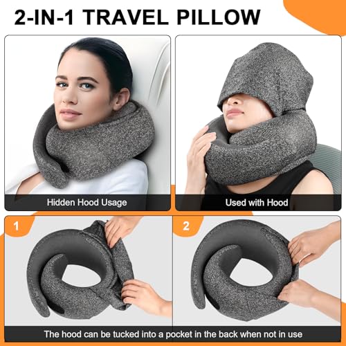 Travel Pillow - Hooded Neck Pillow Airplane Memory Foam Filling for Plane, Office, Cars Sleeping, Road Trip, Long Flights, Airplane Travel Essentials, Includes Eye Mask & Earplugs - color: Midnight Blue