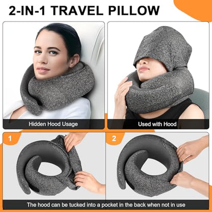 Travel Pillow - Hooded Neck Pillow Airplane Memory Foam Filling for Plane, Office, Cars Sleeping, Road Trip, Long Flights, Airplane Travel Essentials, Includes Eye Mask & Earplugs - color: Midnight Blue