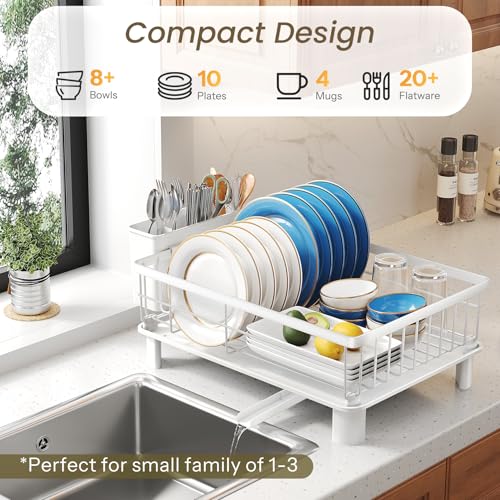 SNTD Dish Drying Rack - Small Dish Rack for Kitchen Counter, Stainless Steel Dish Drainer with Utensil Holder and Drainboard, 11" W x 15" L (White) - color: White, size: 11" W x 15" L