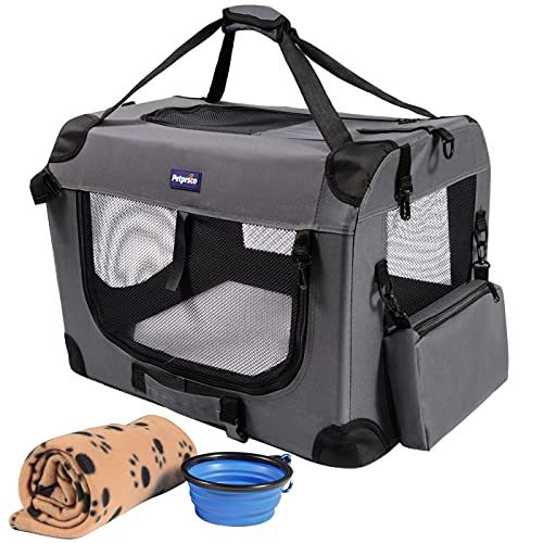 Petprsco Portable Collapsible Dog Crate, Travel Dog Crate 24x17x17 with Soft Warm Blanket and Foldable Bowl for Large Cats & Small Dogs Indoor and Outdoor - color: Gray, size: 24.0"L x 17.0"W x 17.0"H
