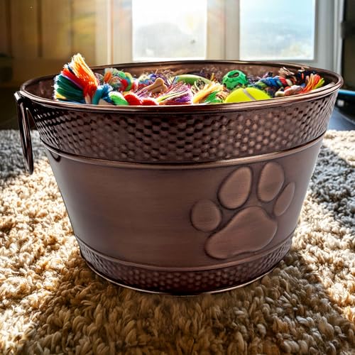 BREKX Metal Indestructible Dog Toy Bin - Storage Bin with Handles, Farmhouse Organizer Storage Basket for Pet Toys, Blankets, Leashes - Home Decor (Lead-Free Copper)