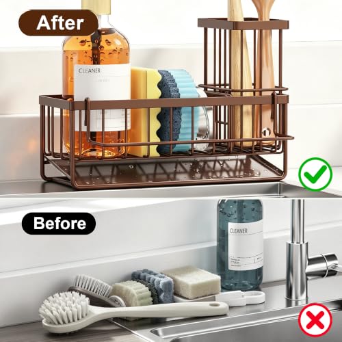 Sponge Holder for Kitchen Sink, Kitchen Sink Caddy, Kitchen Sink Sponge Holder, Dish Sponge Holder, Kitchen Sink Organizer for Sponge, Dish Brush, Scrubber(9.65" x 3.74" x 6.3", Brown) - color: Brown
