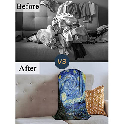 Swono Sturdy Laundry Basket Hamper, Starry Night Abstract Art Foldable Laundry Bag Clothing Organization for Bathroom, Bedroom Home Dorm Travel, Blue Oil Painting - color: Starry Night