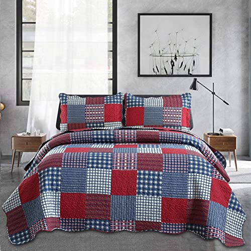 Jessy Home Plaid Quilt Set King Bedspread Coverlet Set Red Blue White Patchwork King Size Quilt Set Bedding Soft Lightweight Quilts Coverlet Country Reversible Quilt Bed Spread with 2 Pillow Shams - color: Patchwork Quilt, size: King