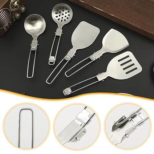 Camping Kitchen Utensil Set, 5Pcs Portable Foldable Stainless Steel Outdoor Cooking Utensil, Practical Folding Soup Ladles Strainer Spatula Kitchen Gear for Outdoor Camping