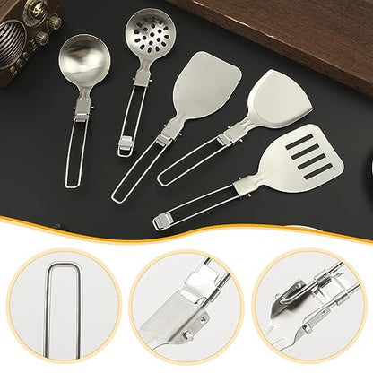 Camping Kitchen Utensil Set, 5Pcs Portable Foldable Stainless Steel Outdoor Cooking Utensil, Practical Folding Soup Ladles Strainer Spatula Kitchen Gear for Outdoor Camping