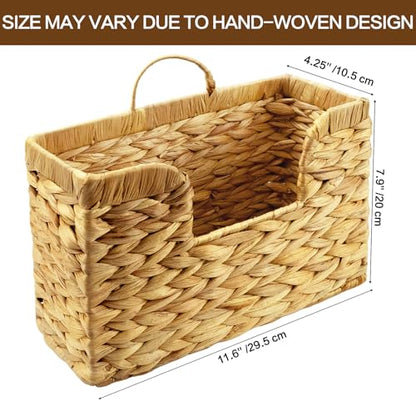 Woven Hanging Magazine Holder, Water Hyacinth Mail Basket Wall Mounted Magazine Basket Rack with Handle for Book, Files Bathroom, Home, Office - 11.75 X 4.2 X8 Inch
