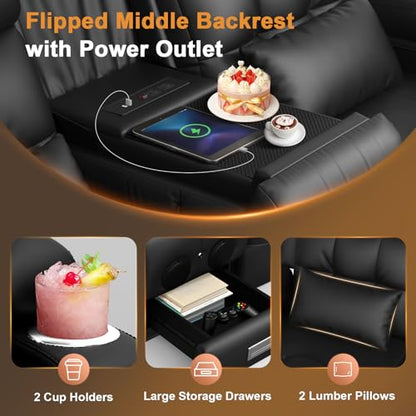 Power RV Loveseat Recliner Sofa, Reclining Loveseats Couch for RV Furniture, Home Theater Seating with Heat Massage, Flip Backrest, USB, Cup Holders, 150° Wall Hugger RV Recliners Sleeper Sofas - color: Flip Back Black, size: Loveseat-G1-Power