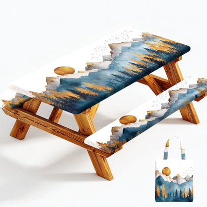 Picnic Table Cover with Bench Covers Elastic Edges, Outdoor Patio Camping Essentials 72 Inch 3PCS, Waterproof Camping Fitted Tablecloth with Handbags (Boho mountain) - color: Mountain View, size: 72" x 30" (Rectangular)
