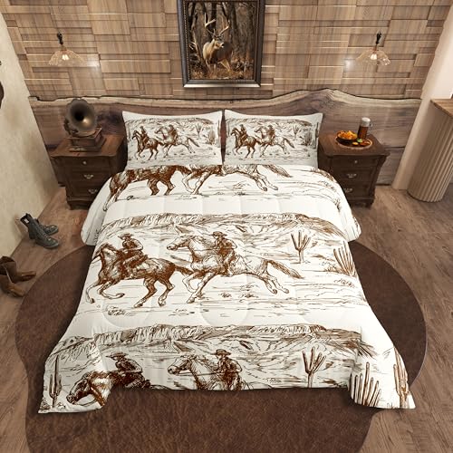 Erosebridal Western Comforter Set Queen Size Cowboy Bedding Set American Wild West Desert Hand Drawn Illustration Down Comforter Country Theme Bedroom Decor Duvet Set for Boys Men Teens - color: Multi 37, size: Queen