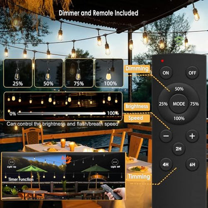 1-Pack 150 ft Outdoor String Lights with Remote Patio Lights Weatherproof, 45+3 Spare S14 Shatterproof Warm 2200K Bulbs, 3 Lighting Modes&Dimmable&Timer - size: 150FT