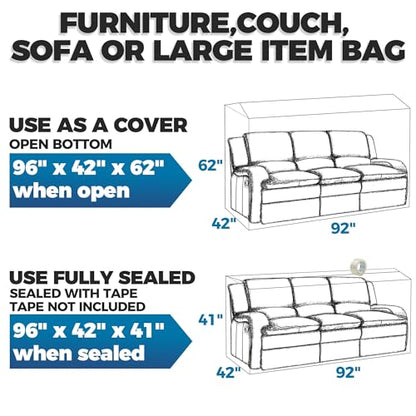 Plastic Furniture Covers for Moving - Heavy-Duty Couch Cover for Sofa, Waterproof & Dustproof Clear Moving Bags for Renovation, Wrap or Storage - Extra Large Bag Open Size 96 x 42 x 62 Inch