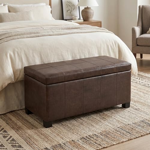 SIMPLIHOME Dover Storage Ottoman Bench - 36 inch Wide Upholstered Vegan Leather Rectangular Lift-Top Ottoman in Distressed Brown, Contemporary Bench for Living Room with Safety Hinges - color: Distressed Brown