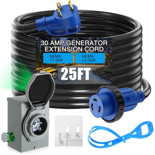Xuhal 25 FT 30 Amp Generator RV Extension Cord and Pre-Drilled Power Inlet Box, 3 Prong NEMA TT-30P to L5-30R 125V/250V Cord with Generator Interlock Kit to House STW 10 Awg, Etl Listed
