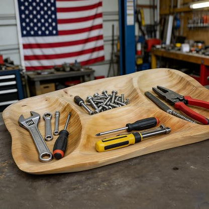 BTEOBFY Natural Wood 4-Compartment Divided Fruit Tray, Live Edge Handmade Serving Platter for Snacks, Sandwiches, Appetizers, Unique Hand-Carved Rustic Design - size: 15.8 INCH