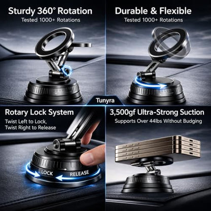 MagSafe Car Mount for iPhone 17/16/15/14/13/12, Magnetic Car Phone Holder with Vacuum Suction, Dual Lock 360° Adjustable Phone Mount for All Smartphones