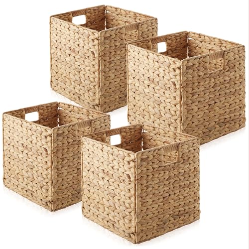 Casafield 12" x 12" Water Hyacinth Storage Baskets, Natural - Set of 4 Collapsible Cube Organizers, Woven Bins for Bathroom, Bedroom, Laundry, Pantry, Shelves - color: Natural, size: 4-Pack