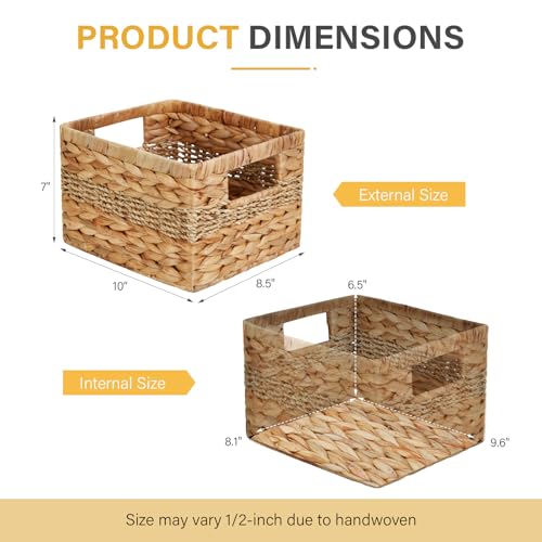Bagnizer Water Hyacinth Wicker Basket, Decorative Woven Baskets with Built-in Handles, Hand-woven Storage Organizer for Organizing Pantry, Livingroom, Bedroom, Shelves, Toilet(2-PACK, Blended)