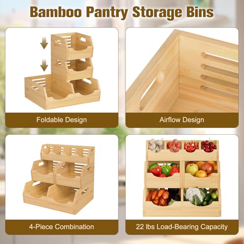 3-Tier Bamboo Storage Bins, Modular Potato & Onion w/ Spices | 4-pc bamboo set: 1 spice tray, 3 veggie baskets. Ventilated. Great for counters, bathrooms, living rooms.