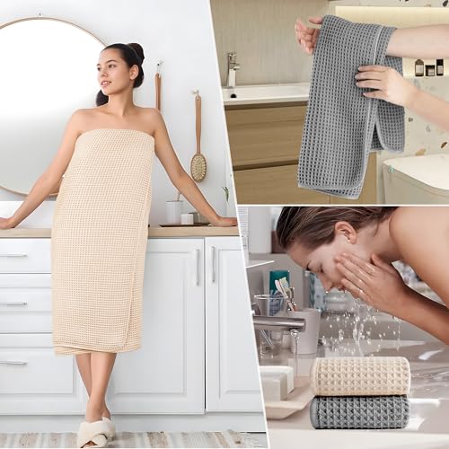 POLYTE 430 GSM Microfiber Quick Dry Lint Free Oversize Bath Towel Set, 6 Piece (Waffle Weave) - color: Gray,light Beige