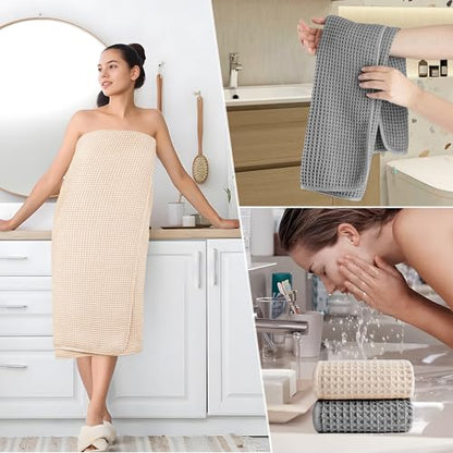 POLYTE 430 GSM Microfiber Quick Dry Lint Free Oversize Bath Towel Set, 6 Piece (Waffle Weave) - color: Gray,light Beige