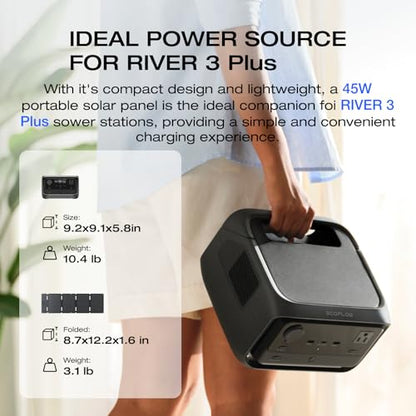 EF ECOFLOW Solar Generator RIVER 3 Plus with 45W Solar Panel, 286Wh Portable Power Station LiFePO4 Battery, 3 Up to 1200W AC Outlets, <10 MS UPS, Expandable to 858Wh, <30 dB Quiet, 1Hr Fast AC Charge - style: RIVER 3 Plus+ 45W Solar Panel