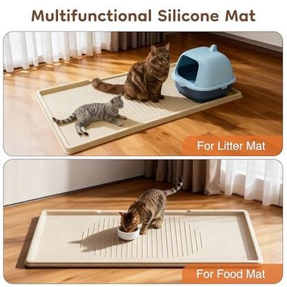 ISSEVE Cat Litter Mat 54" x 27.5" XXL, Extra Large Silicone Mat for Litter Box, 1.38" Raised Edge Waterproof Litter Trapping Mat Pad for Scatter Control, Soft on Kitty Paws, Protect Floor (Beige) - color: Beige