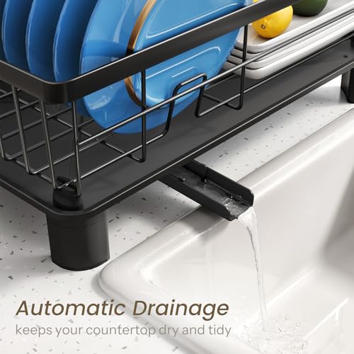 SNTD Dish Drying Rack - Space-Saving Dish Rack for Kitchen Counter, Stainless Steel Dish Drainer with Utensil Holder and Drainboard, 11" W x 15" L (Black) - color: Black, size: 11" W x 15" L