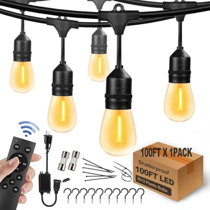 100FT Outdoor String Lights Remote Control Patio Lights Waterproof Commercial Grade, 30+2 Replaceable Dimmable Edison Bulbs, Black 1Pack, Linkable, Hooks and Zip Ties Included - size: 100 feet(Remote)
