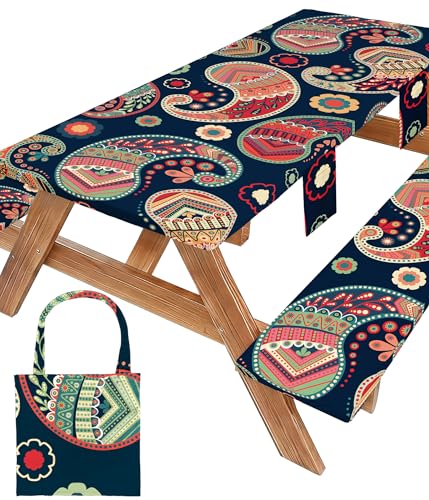 Picnic Table Cover with Bench Covers Table Cloth Tablecover Camping Essentials Camp Must Haves Camper Gear Outdoor Accessories River Water Motorhome Trailer Tent Rv Car Travel Activities Accessary Set - color: Blue Red Paisley, size: 96in