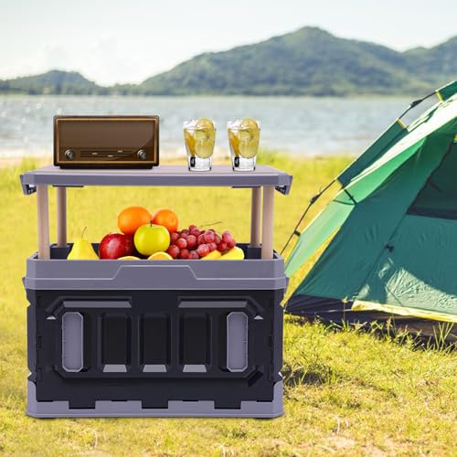 PP Folding Storage Boxes, Outdoor Portable Camping Storage Box Folding Box Table Equipment, Camping Organizer for Trunks, Study Rooms (Black&Grey)