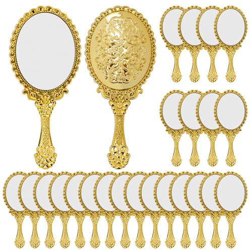 HOMAR 24pc Vintage Hand Held Mirrors，Embossed Portable Small Hand Mirror Bulk with Handle for Princess Party Favors Wedding Party Favors Classroom Rewards