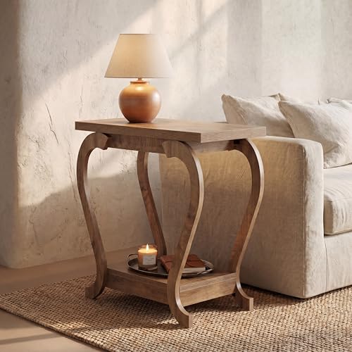 Tribesigns Narrow End Table with Storage, 2-Tier Wooden Side Table for Small Spaces, Slim Nightstand Bedside Table for Living Room & Bedroom, Rustic Brown, 23.6 Inch (1, Brown) - color: Brown