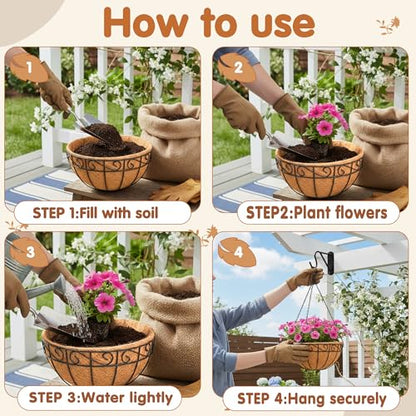 10 inch Metal Hanging Baskets For Plants Outdoor 4 Pack Round Metal Wire Hanging Basket Planter with Coco Fiber Liners Chain Round Wire Plant Holder for Garden, Patio, Deck, Porch Plants Flower Potsss - size: 10 Inch, style: Flower Border
