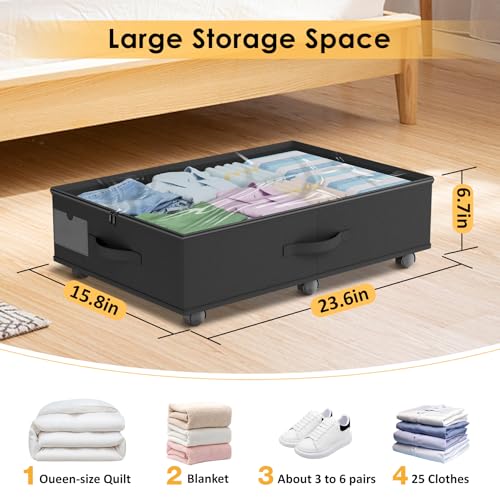 Under Bed Storage with Wheels, 2-Pack Under Bed Storage Containers with Clear Lid and Handles, Rolling Underbed Storage Drawers Organizer for Clothes,Shoes,Toys, Books (Black)