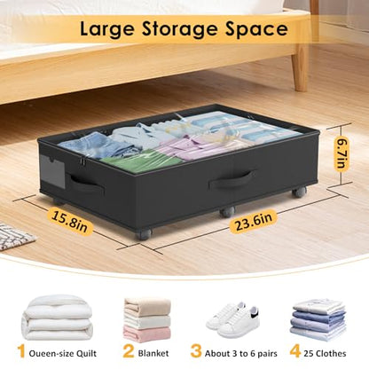 Under Bed Storage with Wheels, 2-Pack Under Bed Storage Containers with Clear Lid and Handles, Rolling Underbed Storage Drawers Organizer for Clothes,Shoes,Toys, Books (Black)