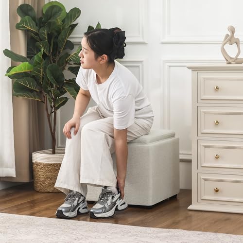 Adeco 17 inch Faux Leather Storage Ottoman with Reversible Tray Lid, Modern Square Cube Footrest Stool & Coffee Table for Living Room, Bedroom, and Dorm, White - color: White With Tray