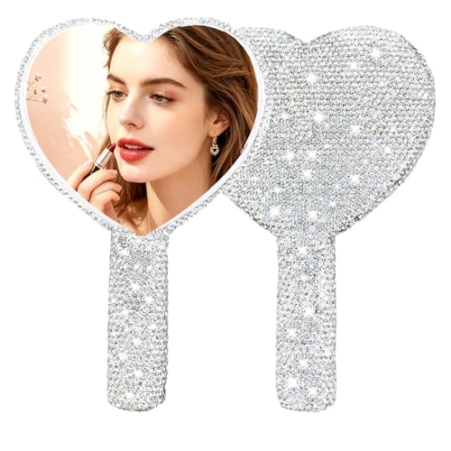 Large Rhinestone Handheld Mirror Heart Bling Glitter Cosmetic Dazzling Portable Hand Mirrors with Handle for Women Wedding Silver White - color: All White