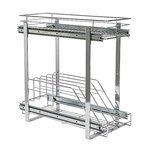 Household Essentials Glidez Multipurpose Chrome-Plated Steel Pull-Out/Slide-Out Dual-Sliding Storage Organizer for Cookware and Bakeware - 2-Tier Design - Fits Standard Size Cabinet or Shelf, Chrome - size: 9" - Extended, style: Dual Slide