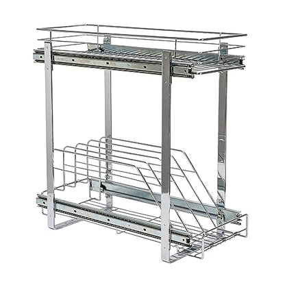 Household Essentials Glidez Multipurpose Chrome-Plated Steel Pull-Out/Slide-Out Dual-Sliding Storage Organizer for Cookware and Bakeware - 2-Tier Design - Fits Standard Size Cabinet or Shelf, Chrome - size: 9" - Extended, style: Dual Slide