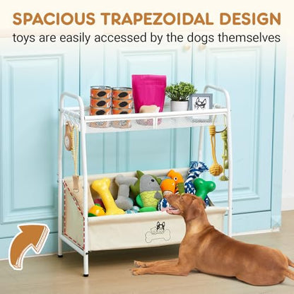 Zonon Large 2 Tier Dog Toy Organizer Basket Metal Pet Storage Bin with Collar Leash Holder Hook,Trapezoid Pet Toy Box for Food, Snacks & Accessories, Holder Chest for Dog & Cat Essential Supplies