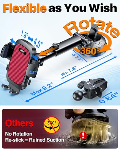 HTU 2026 Ultimate Best【True Military-Grade & Safety Cert】Car Phone Holder【Upgraded 360 Rotation & 100+LBS Strongest Suction】5-in-1 Truck Windshield Dashboard Vent Mount Stand for iPhone Android, Red - color: Red