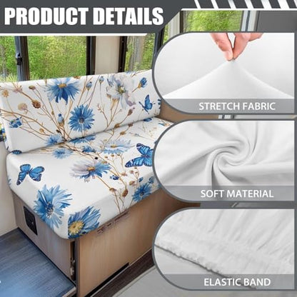 RV Dinette Cushion Covers Blue Butterfly Flowers Stretch Sofa Slipcover Non Slip Camper Furniture Protector Replacement Car Bench Cover - color: Blue Butterfly Flowers