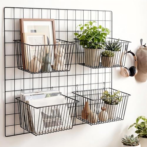 4pcs Hanging Wire Basket Set with S Hooks, 10.8''x7.8''x5.6'' Grid Panel gridwall Storage Baskets for Kitchen, Home Decor, Potted Plants Display, Black Metal Gridwall Accessories