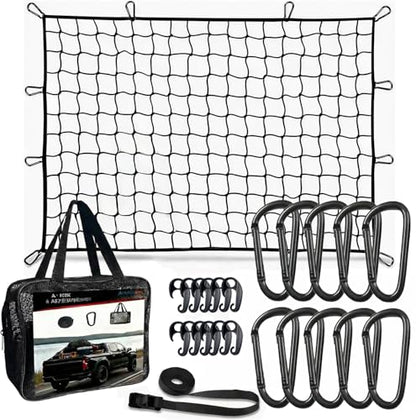 Heavy Duty Latex Cargo Net for Pickup Truck Bed 4'x6' (Stretches to 8'x12'), Bungee Mesh Truck Tie Down Net with 10 Metal Carabiners, 16ft Strap & Breathable Storage Bag - size: Medium 1.2x1.8m
