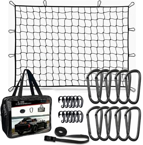 Heavy Duty Latex Cargo Net for Pickup Truck Bed 5'x7' to 10'x14' Stretch - Bungee Mesh Tie Down System with 10 Metal Carabiners & 16ft Strap for Highway Moving Camping - size: Large 1.5x2.1m