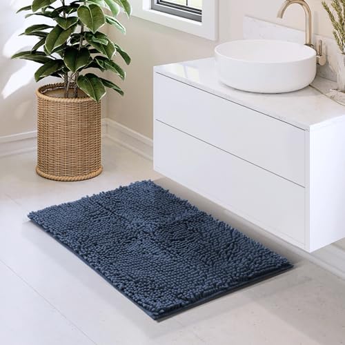Hearth & Harbor Bathroom Rugs, Chenille Bath Mat - Machine Washable Bath Mats for Bathroom Non-Slip Backing Rubber, Quick Dry Bathroom Mat - color: Navy Blue, style: 17 x 24