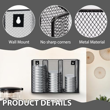 Wall Mounted Mason Jar Lid Organizer Metal Mason Jar Lid Holder 3-Compartment Mason Jar Lid Rack Vertical Mason Jars Lid Storage Wide Mouth Canning Lid Holder for Kitchen Countertop